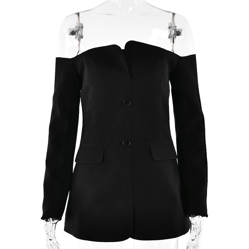 Off-shoulder Strapless Sexy Blazer Dress For Women Fashion Solid Zipper Two Pocket Long Sleeve Backless Mini Dress