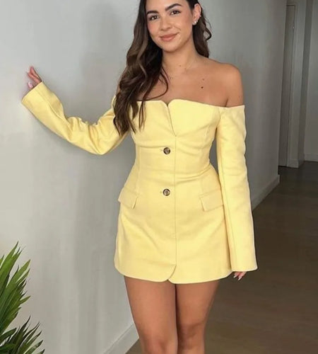 Elegant Long Sleeved Suit Dress Women Button Slim One Shoulder Dress Female Summer New 2024 Sexy Pocket Suit Streetwear