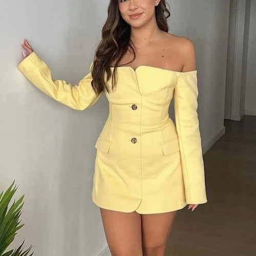 Load image into Gallery viewer, Elegant Long Sleeved Suit Dress Women Button Slim One Shoulder Dress Female Summer New 2024 Sexy Pocket Suit Streetwear
