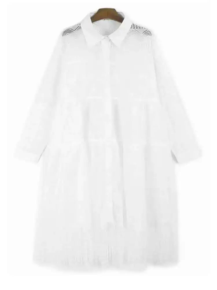 Women Black Lace Hollow Out Tassels Big Size Midi Shirt Dress New Lapel Long Sleeve Fashion Spring Autumn 2025 1DH8942