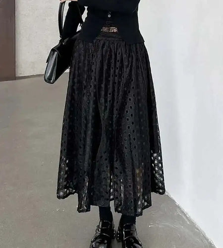 High Elastic Waist Black Lace Hollow Out A-line Elegant Half-body Skirt Women Fashion Tide New Spring Autumn 2025 1DH8738