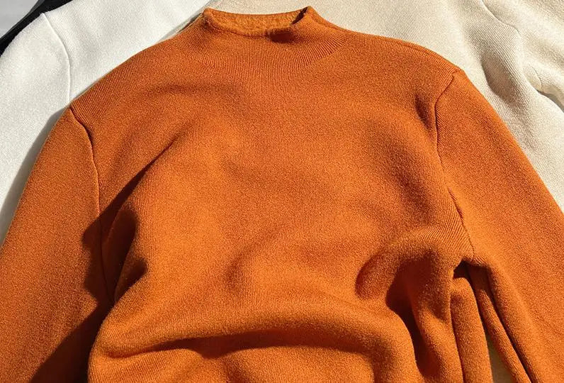 Solid Elegant Basic Knit Pullover Tops Women Half Turtlneck Velvet Sweater Long Sleeve Casual Slim Korean Fashion Autumn Winter