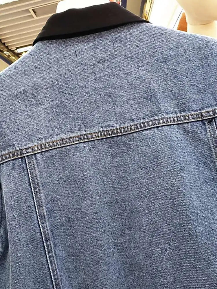 Women Blue Denim Color-block Big Size Blazer New Lapel Long Sleeve Loose Fit Jacket Fashion Spring Autumn 2025 1DH7741