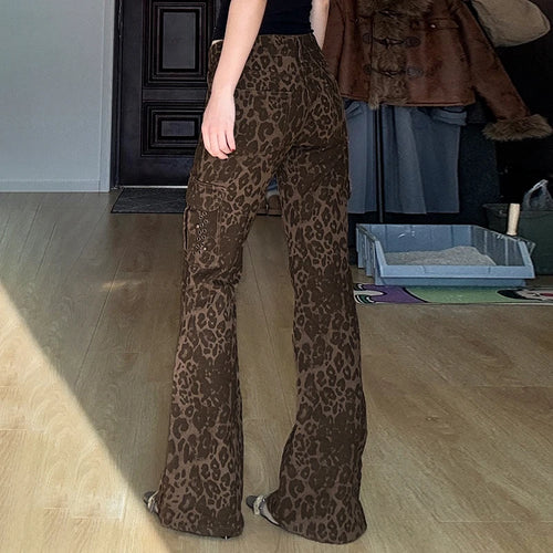 Load image into Gallery viewer, Streetwear Leopard Print Rivet Decorated Jeans Women Fashion Full Lenght Flare Dimen Trousers Button-Fly Bottoms Chic
