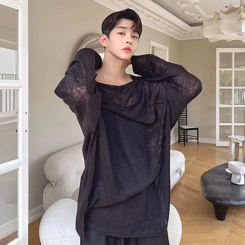 Load image into Gallery viewer, Summer Knit One Line Neck Long Sleeve T-shirt Translucent Solid Color Korean Fashion Round Neck Male Tops 9A3955
