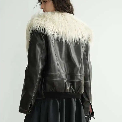 Load image into Gallery viewer, Black Thick Big Size Vintage PU Leather Jacket New Fur Collar Long Sleeve Women Coat Fashion Spring Autumn 2025 1DH8266
