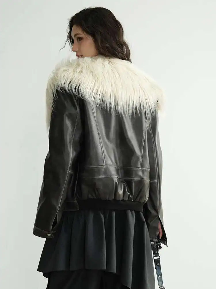 Black Thick Big Size Vintage PU Leather Jacket New Fur Collar Long Sleeve Women Coat Fashion Spring Autumn 2025 1DH8266