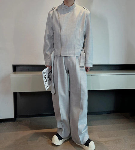 Spring Men's Pants Set Solid Color Design Single Breasted Stand Collar Jacket Male Curved Knife Wide Leg Trousers 9W1414