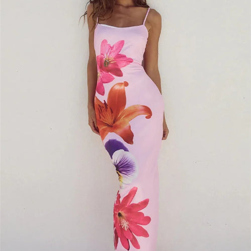 Load image into Gallery viewer, Floreal Print Long Dress For Women Gown Summer New Spaghetti Strap Sleeveless Backless Bodycon Sexy Midi Dress Elegant
