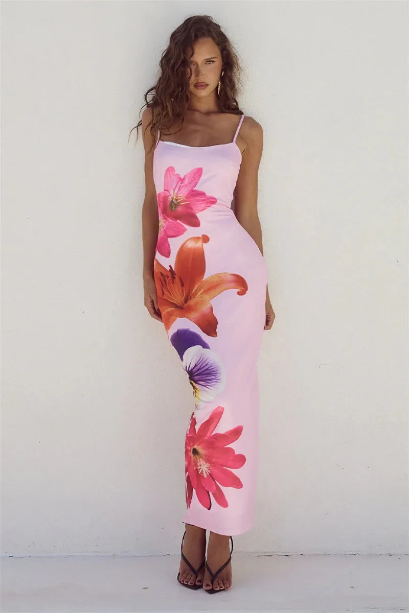 Floreal Print Long Dress For Women Gown Summer New Spaghetti Strap Sleeveless Backless Bodycon Sexy Midi Dress Elegant