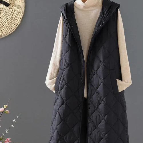 Load image into Gallery viewer, Winter Down Cotton Vest Women Sleeveless Jacket Vintage Warm Casual Mid Length Coat Ladies Single Breast Long Hooded Waistcoat
