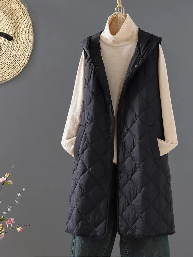 Winter Down Cotton Vest Women Sleeveless Jacket Vintage Warm Casual Mid Length Coat Ladies Single Breast Long Hooded Waistcoat