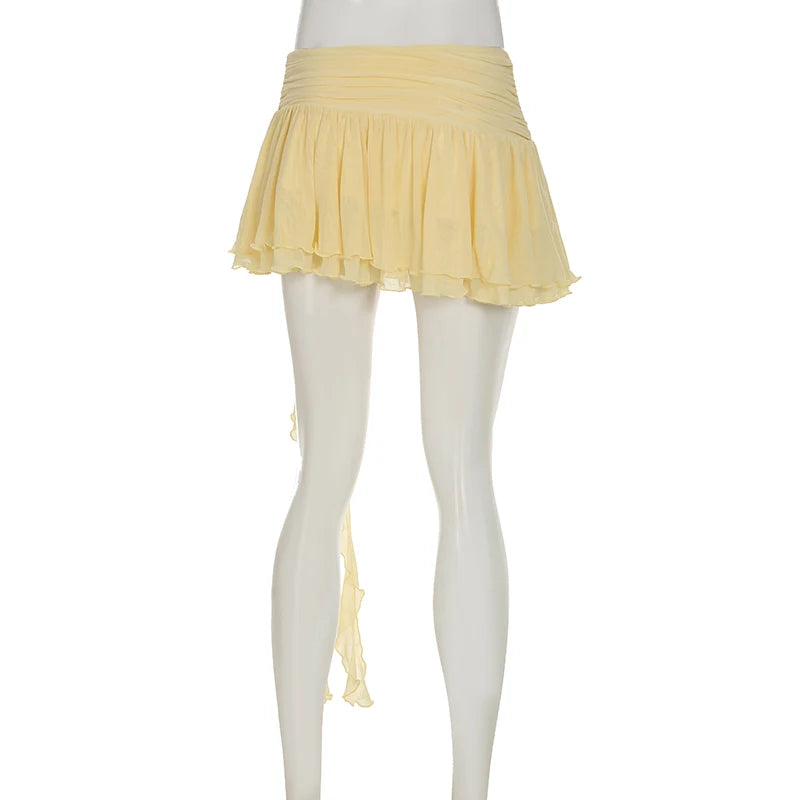 Holiday Style Asymmetric Floral Fringe Cake Skirt With Mesh Women’s Summer Yellow Hottie Mini Outfits Y2K Aesthetics