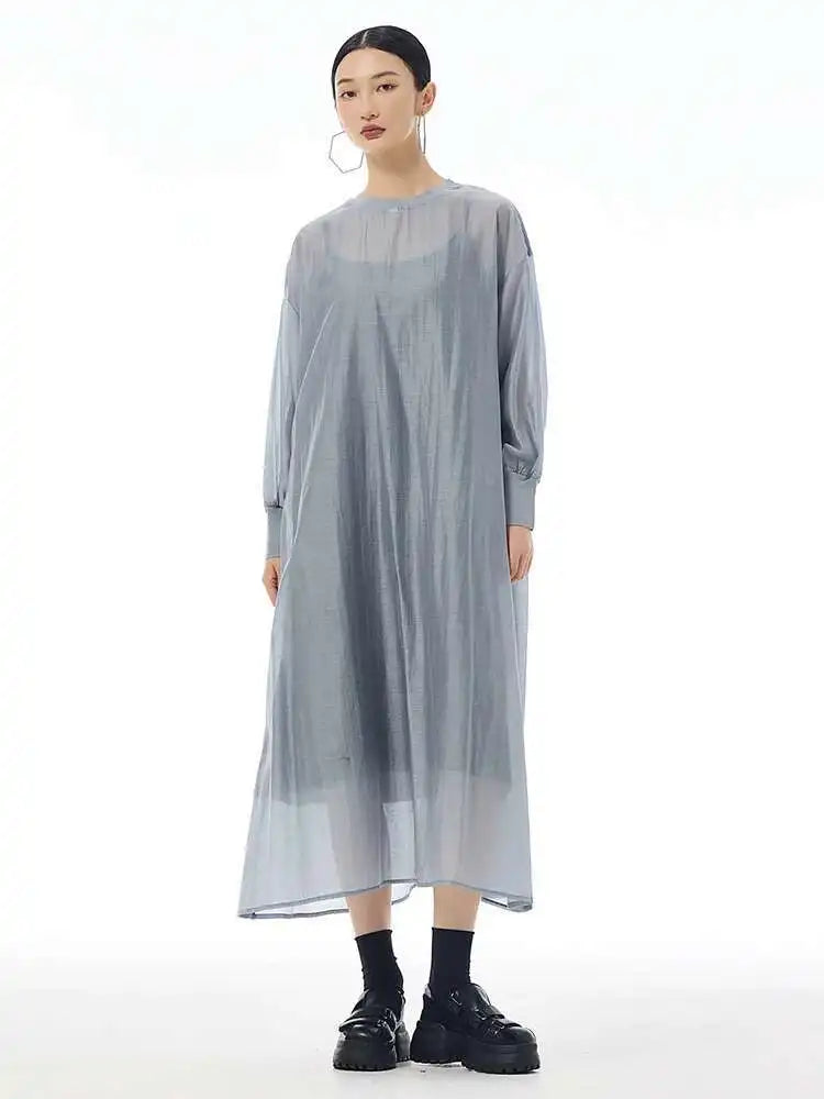 Women Khaki Mesh Perspective Big Size Thin Dress New Round Neck Long Sleeve Fashion Tide Spring Autumn 2025 1DH7412