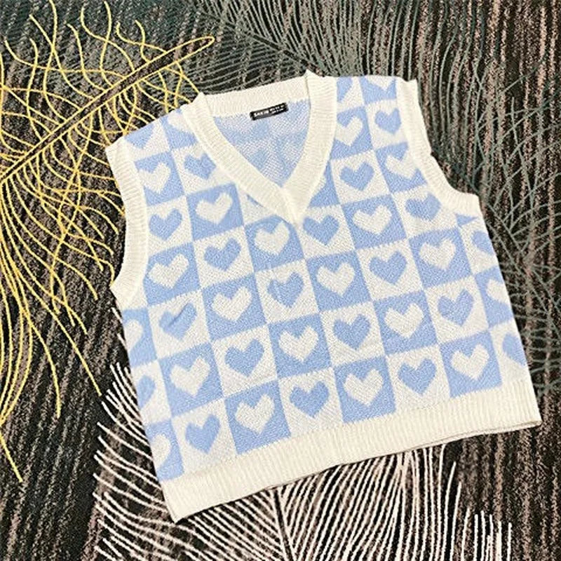 Classic Heart Plaid Knitted Sweater Vest Women 9 Colors Crop Loose Waistcoat Y2k Harajuku Autumn Hip Hop Knitwear Tops