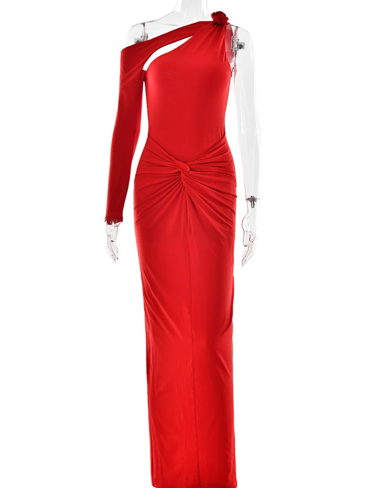 Elegant Single Sleeve Irregular Hollow Out Bodycon Party Club Evening Dress Women Sexy Fold Spring/Summer New Vestido