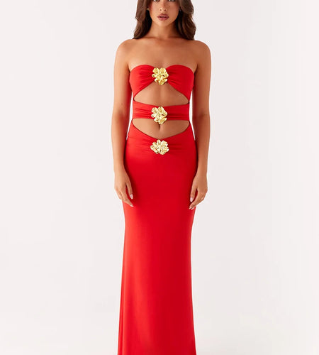 Metal Rose Hollow Out Sexy Maxi Dress Women Beach Holiday Gown Strapless Off-shoulder Backless Bodycon Club Long Dress
