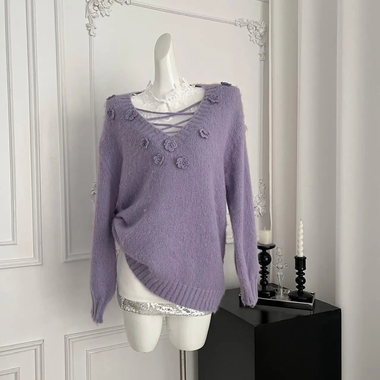 French Women Purple Long Sleeve Knitted Pullover V-neck Fashion Sweater Autumn Winter Grey Flower Decorate Tops 2025 Clothing