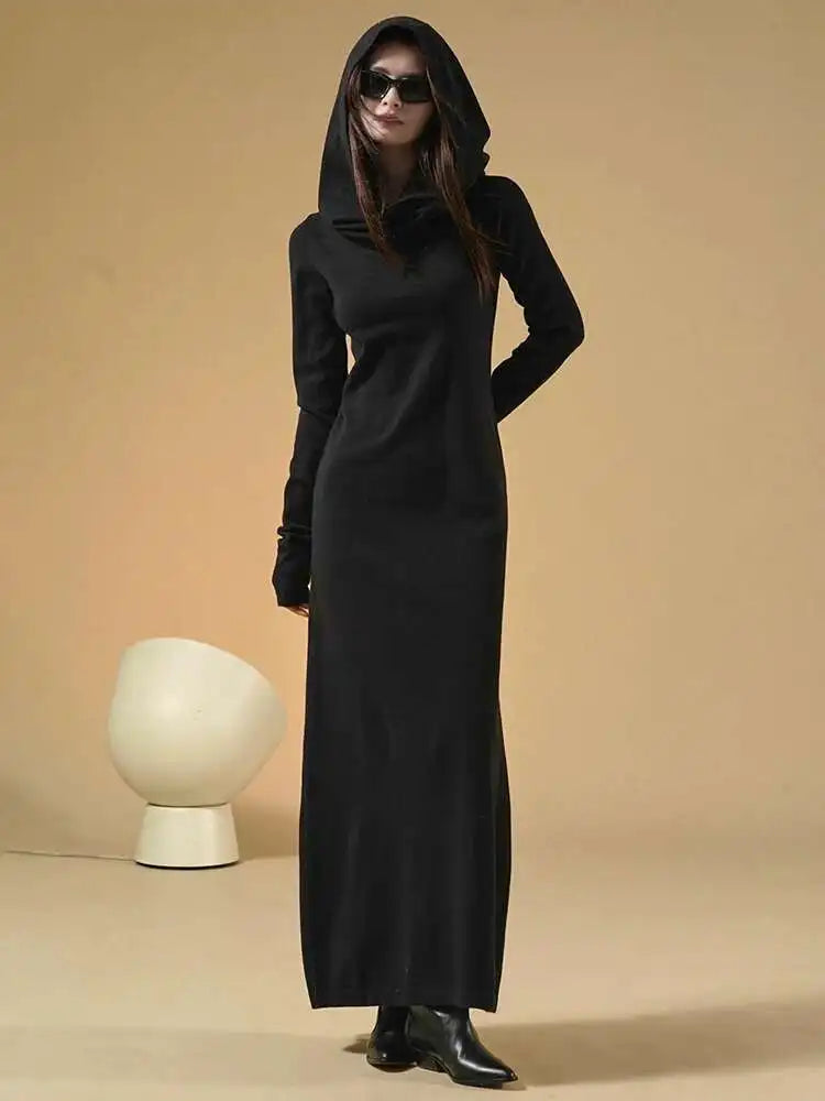 Women Oat Color Knitting Ankle Length Dress New Hooded Long Sleeve Loose Fit Fashion Tide Spring Autumn 2025 1DH3764