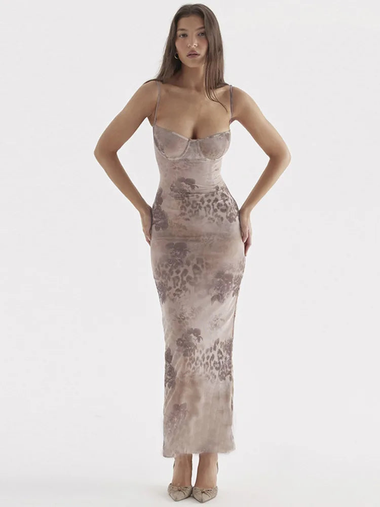 Sexy Women's Flower Print Sleeveless Long Dress 2023 Female Slim Fit High Waist Bodycon Dress Party Club Evening Dress