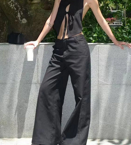 Black Spliced Striped Two Piece Sets for Women O Neck Sleeveless Patchwork Lace Up Vest Wide Leg Pant Set Female New