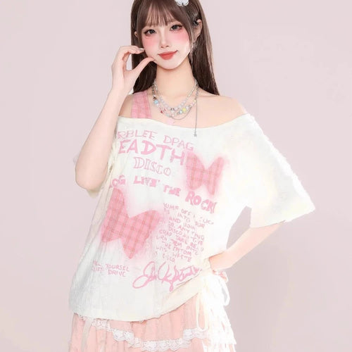 Load image into Gallery viewer, Skew Collar Off Shoulder Plaid Patchwork T Shirts Women Summer Butterfly Printing T-skirt Harajuku Casual Grunge Drawstring Tops
