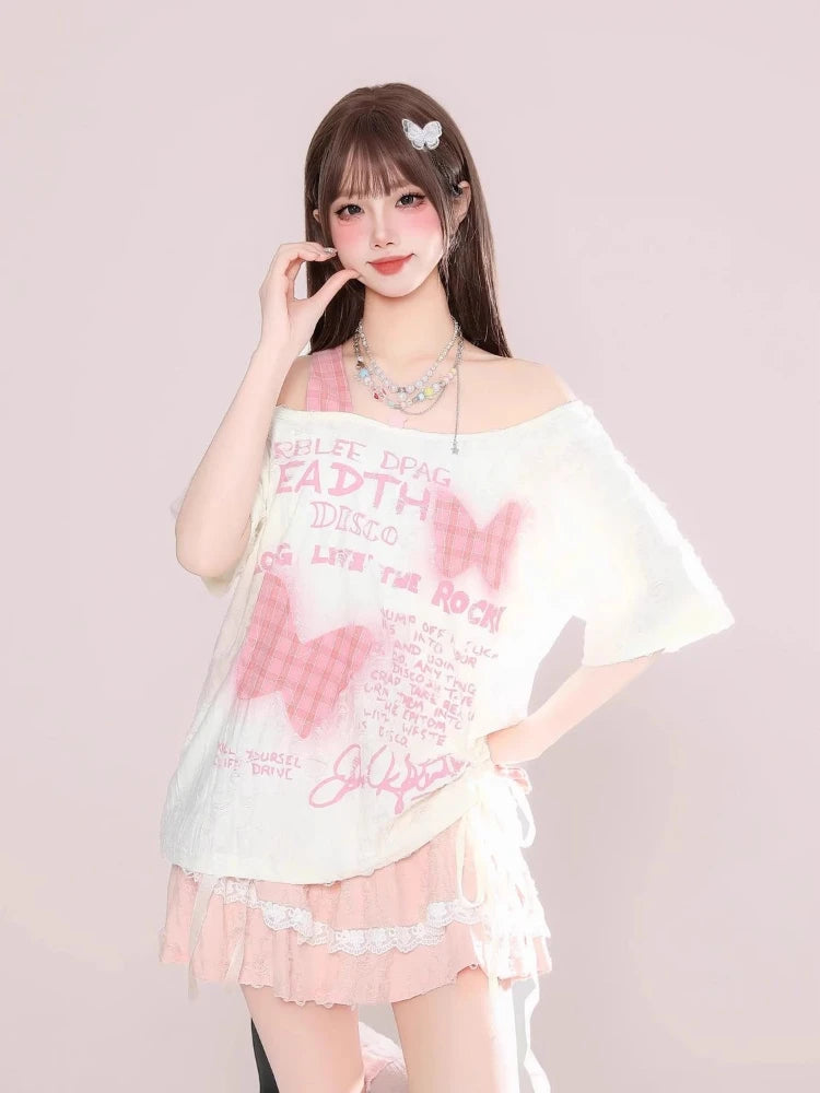 Skew Collar Off Shoulder Plaid Patchwork T Shirts Women Summer Butterfly Printing T-skirt Harajuku Casual Grunge Drawstring Tops