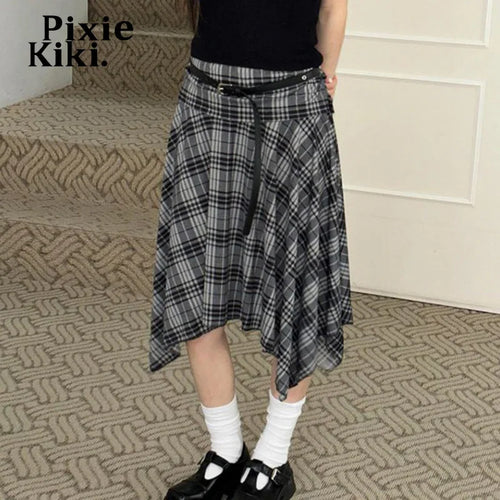 Load image into Gallery viewer, Grey Plaid Irregular Skirts Womens 2024 Fall School Girl Preppy Style Vintage Midi Skirt P84-BI20
