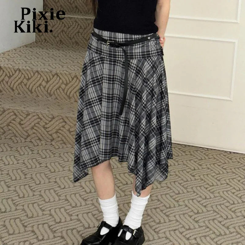 Grey Plaid Irregular Skirts Womens 2024 Fall School Girl Preppy Style Vintage Midi Skirt P84-BI20