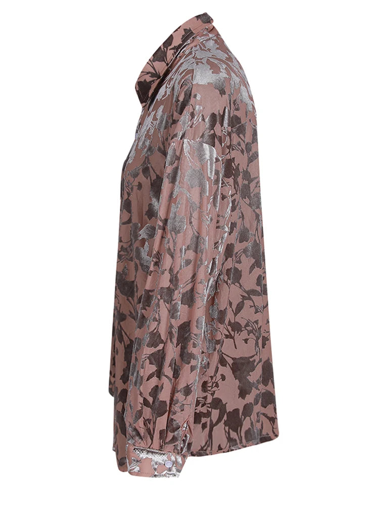 Women Pattern Printed Flocking Big Size Elegant Blouse New Lapel Long Sleeve Shirt Fashion Tide Spring Autumn 2025 CPG2802