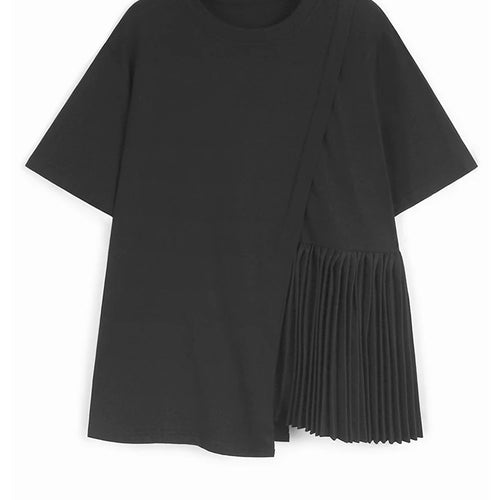 Load image into Gallery viewer, Women Blue Color-block Pleated Big Size T-shirt New Round Neck Short Sleeve Fashion Tide Spring Summer 2025 1DJ1225
