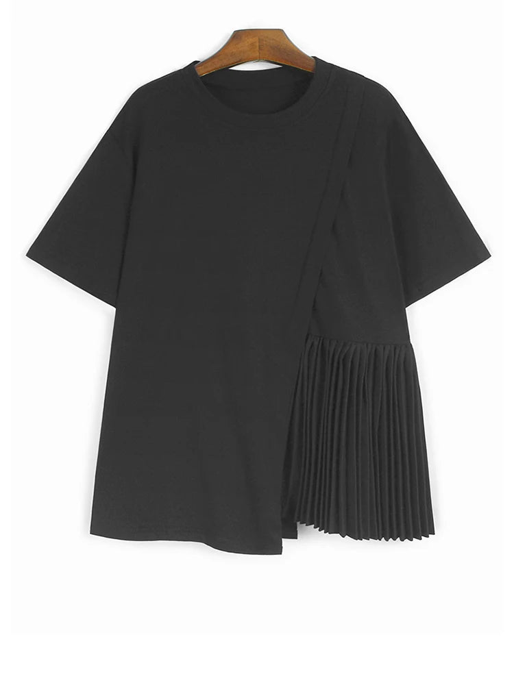 Women Blue Color-block Pleated Big Size T-shirt New Round Neck Short Sleeve Fashion Tide Spring Summer 2025 1DJ1225