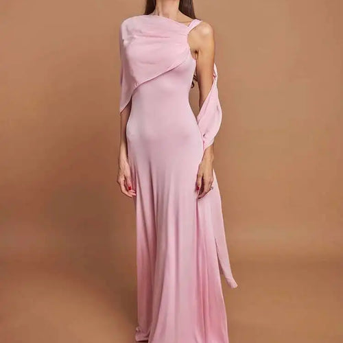 Load image into Gallery viewer, Pink Cape Sleeve Sexy Maxi Dress For Women Off-shoulder Backless Gown Elegant Skew Collar Lace-up Long Dress Vestido

