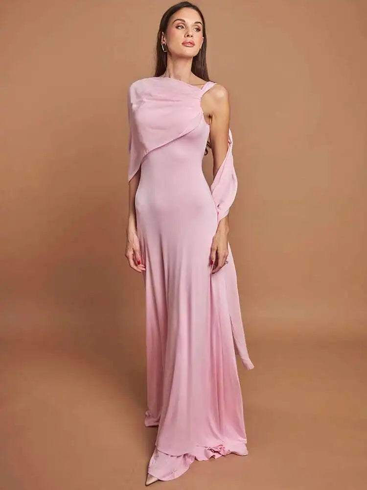 Pink Cape Sleeve Sexy Maxi Dress For Women Off-shoulder Backless Gown Elegant Skew Collar Lace-up Long Dress Vestido