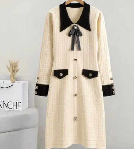French Patchwork Long Sleeved Lapel Bow Dress Autumn Winter New Temperament Slim Button Knitted A-line Dress Women Chic Clothing