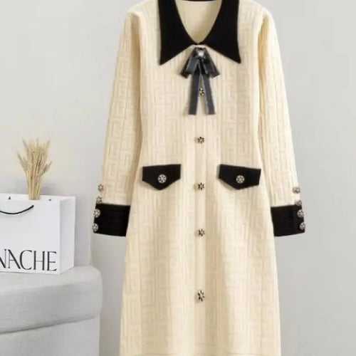 Load image into Gallery viewer, French Patchwork Long Sleeved Lapel Bow Dress Autumn Winter New Temperament Slim Button Knitted A-line Dress Women Chic Clothing
