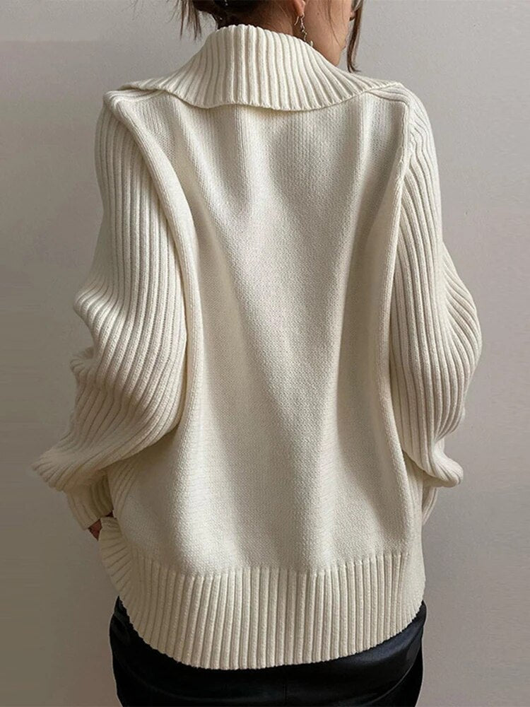 Solid Knitting Sweaters For Women Lapel Long Sleeves Loose Spliced Zipper Sweater Female Fashion Clothing