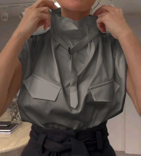 Fashion Women’s Sleeveless Blouse Shirts Summer 2025 Original Stand Collar Solid Color Buckle Tops for Woman Clothing