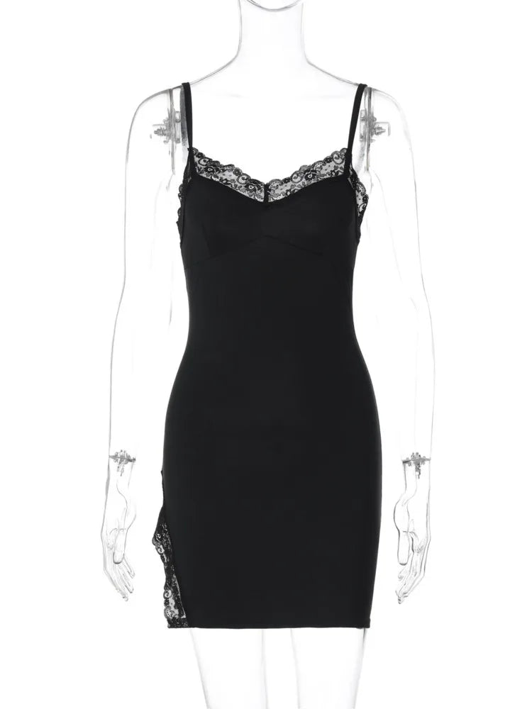Lace Spaghetti Strap Sexy Mini Dress For Women Robe Fashion Sleeveless Backless Bodycon Side Split Club Dress Vestido