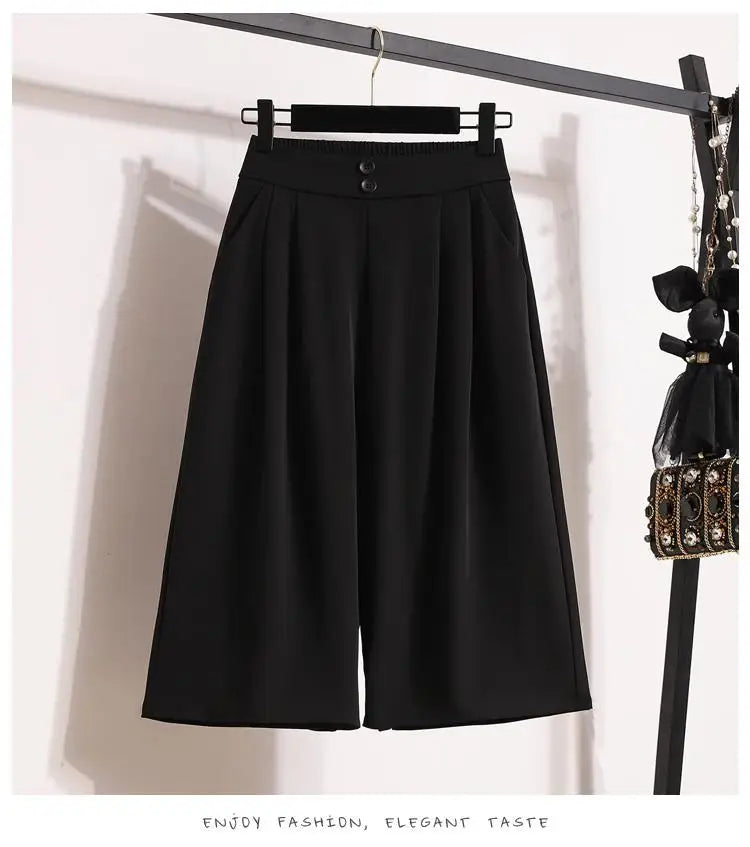 Spring Summer 2025 Black Office Wide Leg Seven Point Pants Women Khaki High Waist Baggy Fashion Festival Pleated Trousers Simple