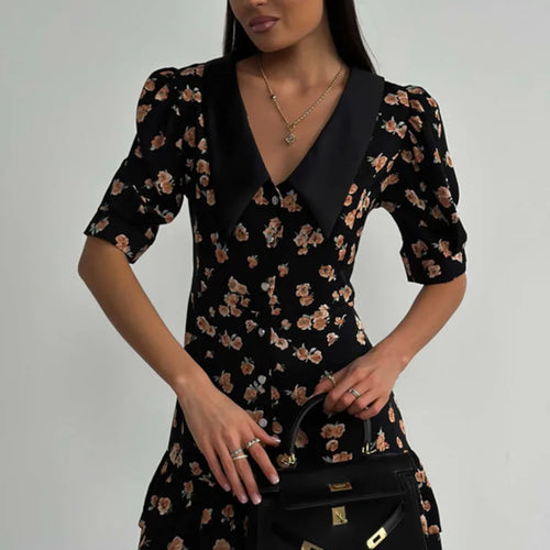 Load image into Gallery viewer, Short Sleeve Floral Mini Dress For Women Robe Turn-down Collar Elegant French Dress Ladies Fashion High Waist Dresses
