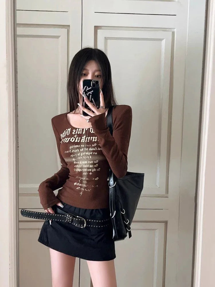 Letter Print Y2k Aesthetic Tee Shirts Femme Casual Vintage Slim Fit Grunge Tops Streetwear Harajuku Women Crop Tshirts Simple