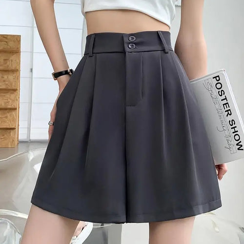 Load image into Gallery viewer, Summer Fashion Black Gray Casual Loose Wide Leg A-line Shorts Women Brown High Waist Elegant Lady Pleated Short Pants

