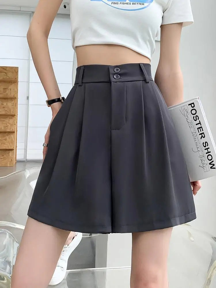 Summer Fashion Black Gray Casual Loose Wide Leg A-line Shorts Women Brown High Waist Elegant Lady Pleated Short Pants
