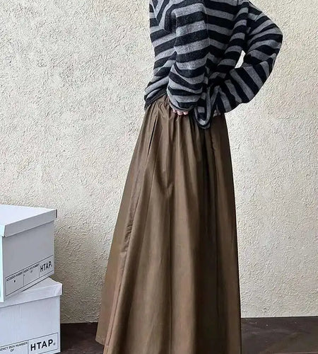 High Elastic Waist Coffee Pu Leather Vintage Long A-line Half-body Skirt Women Fashion Tide New Spring Autumn 2025 1DH7198