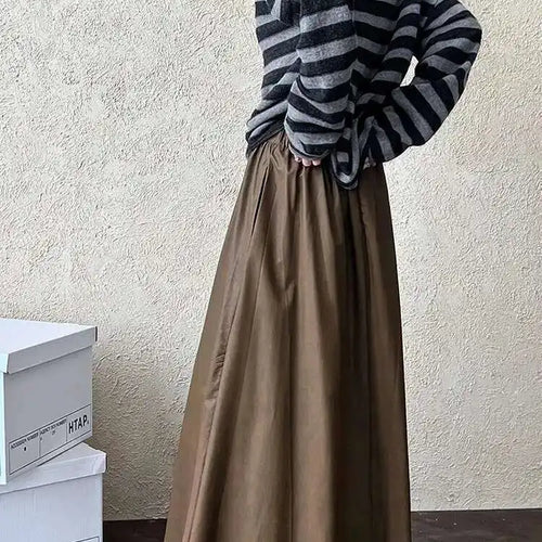 Load image into Gallery viewer, High Elastic Waist Coffee Pu Leather Vintage Long A-line Half-body Skirt Women Fashion Tide New Spring Autumn 2025 1DH7198
