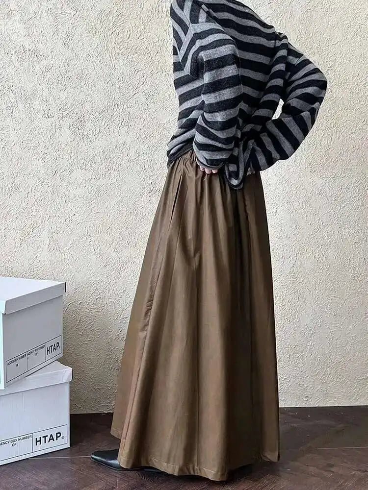 High Elastic Waist Coffee Pu Leather Vintage Long A-line Half-body Skirt Women Fashion Tide New Spring Autumn 2025 1DH7198