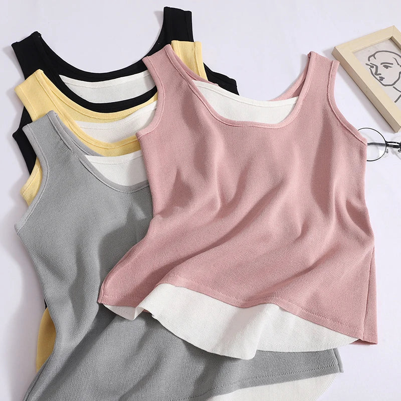 Summer Women Patchwork Backless Sleeveless Knit Vest Korean Sexy Club Asymmetrical Tank Tops Vintage Fashion Versatile Clothes