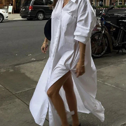 Load image into Gallery viewer, Maxi Dresses for Women 2025 Summer Going Out Clothing Split-side Woman Boyfriends Style  Buttoned Long Shirt Dress
