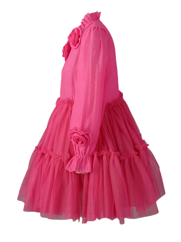 Women Rose Red Mesh Flower Big Size Mini Dress New Stand Collar Long Sleeve Fashion Tide Spring Autumn 2025 CPG3051